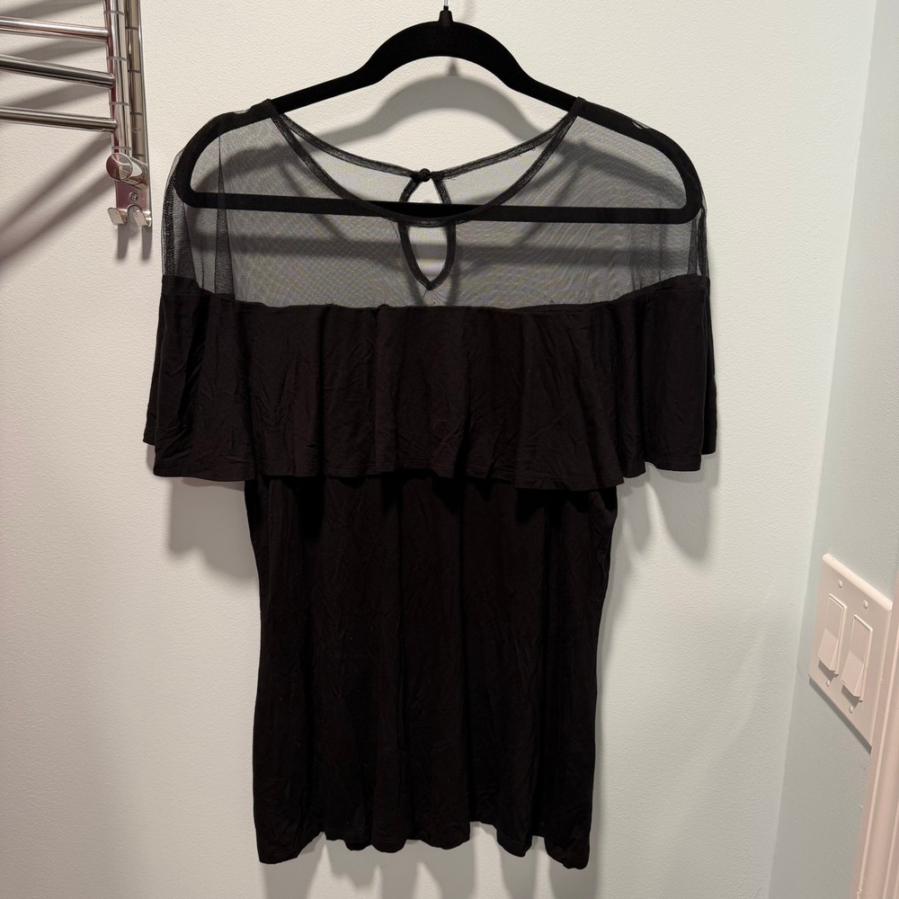 INC International Concepts Black Mesh Yoke Ruffle Blouse Womens XL Short Sleeve - Picture 2 of 4